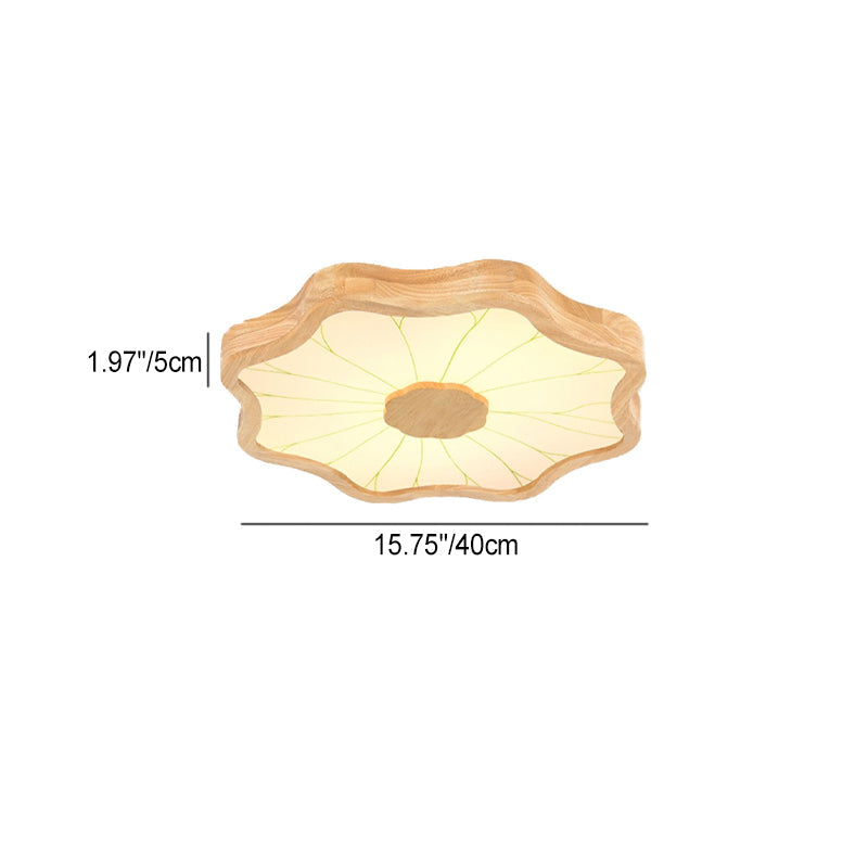 Traditional Chinese Lotus Leaf Petal Solid Wood Iron Acrylic LED Flush Mount Ceiling Light For Bedroom