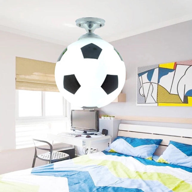 Modern Minimalist Kids Round Football Disc Base Iron Glass 1-Light Semi-Flush Mount Ceiling Light For Bedroom