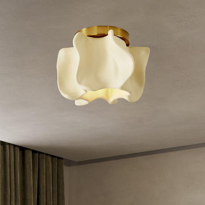 Traditional Japanese Curved Flower Disc Base Resin Metal 1-Light Semi-Flush Mount Ceiling Light For Living Room