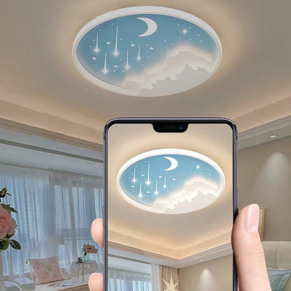 Modern Minimalist Kids Round Moon Meteor Star Iron Acrylic LED Flush Mount Ceiling Light For Bedroom