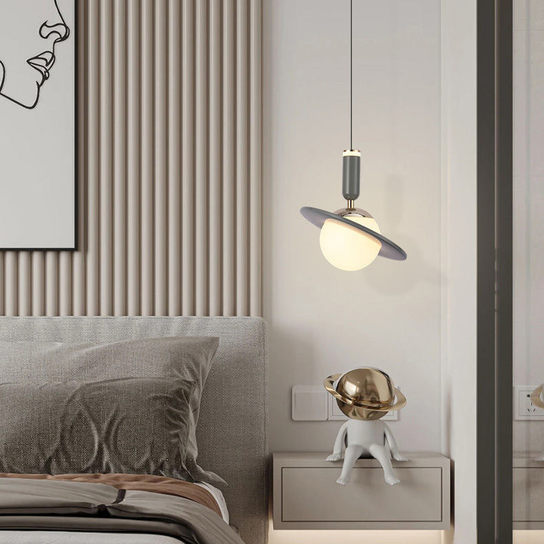 Modern Minimalist Planet Cylinder Orb Ring Aluminum Acrylic LED Pendant Light For Bedroom