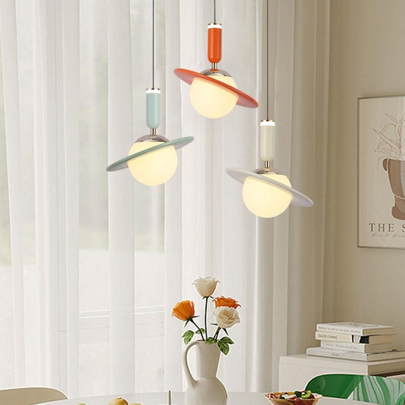 Modern Minimalist Planet Cylinder Orb Ring Aluminum Acrylic LED Pendant Light For Bedroom