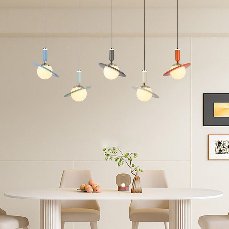 Modern Minimalist Planet Cylinder Orb Ring Aluminum Acrylic LED Pendant Light For Bedroom
