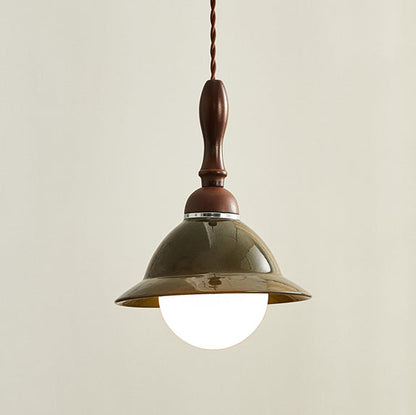 Traditional Vintage Hemispherical Oval Wooden Ceramic 1-Light Pendant Light For Living Room