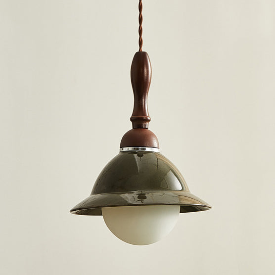 Traditional Vintage Hemispherical Oval Wooden Ceramic 1-Light Pendant Light For Living Room