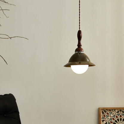 Traditional Vintage Hemispherical Oval Wooden Ceramic 1-Light Pendant Light For Living Room