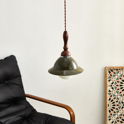 Traditional Vintage Hemispherical Oval Wooden Ceramic 1-Light Pendant Light For Living Room