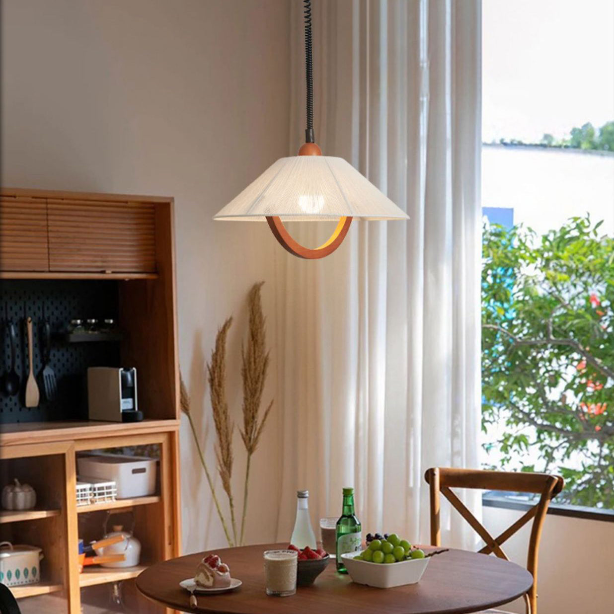 Traditional Vintage Round Table Curved Half Round Adjustable Wooden Fabric 1-Light Pendant Light For Bedroom