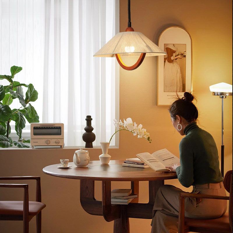 Traditional Vintage Round Table Curved Half Round Adjustable Wooden Fabric 1-Light Pendant Light For Bedroom