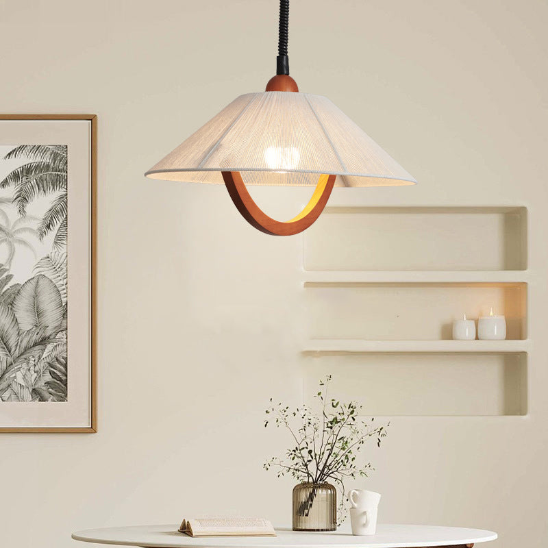 Traditional Vintage Round Table Curved Half Round Adjustable Wooden Fabric 1-Light Pendant Light For Bedroom