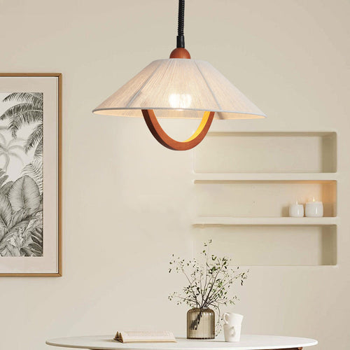 Traditional Vintage Round Table Curved Half Round Adjustable Wooden Fabric 1-Light Pendant Light For Bedroom