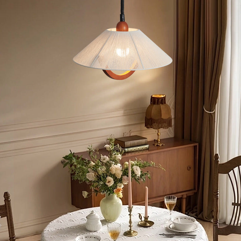 Traditional Vintage Round Table Curved Half Round Adjustable Wooden Fabric 1-Light Pendant Light For Bedroom
