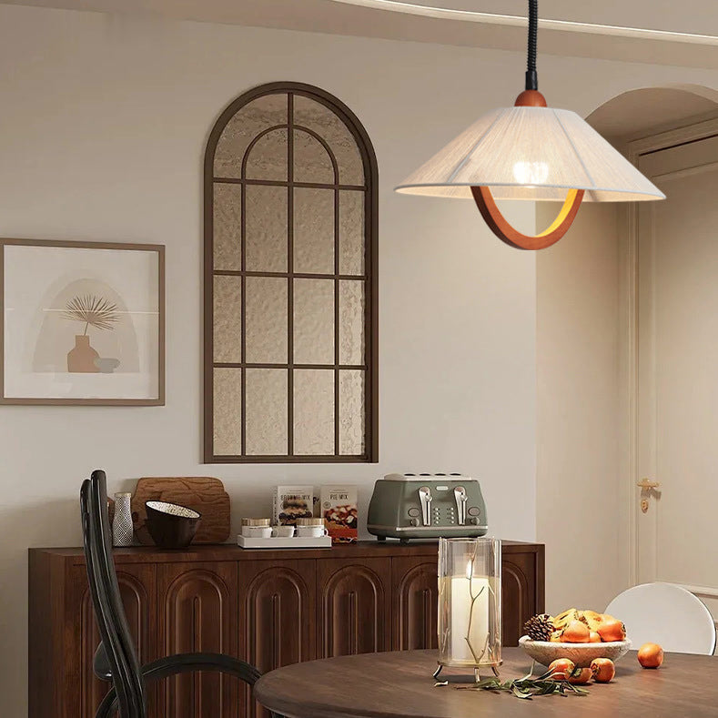 Traditional Vintage Round Table Curved Half Round Adjustable Wooden Fabric 1-Light Pendant Light For Bedroom