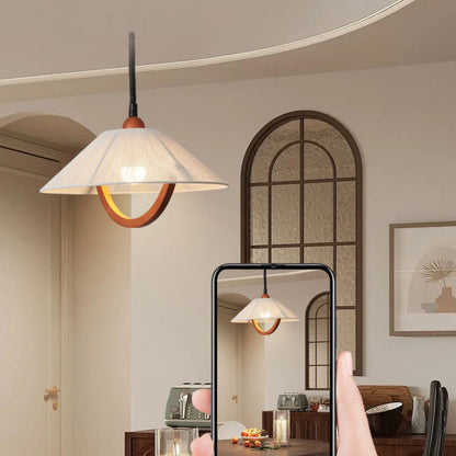 Traditional Vintage Round Table Curved Half Round Adjustable Wooden Fabric 1-Light Pendant Light For Bedroom