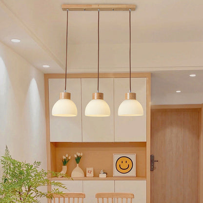 Contemporary Scandinavian Semicircle Vertical Cylinder Wood Glass 1/3 Light Pendant Light Island Light For Living Room