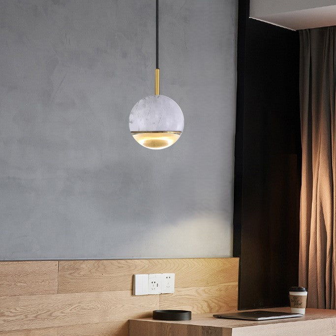 Contemporary Scandinavian Sphere Disc Base Copper Marble Glass 1-Light Pendant Light For Bedroom