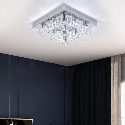 Modern Minimalist Square Hollow Double Stainless Steel Crystal LED Flush Mount Ceiling Light For Living Room