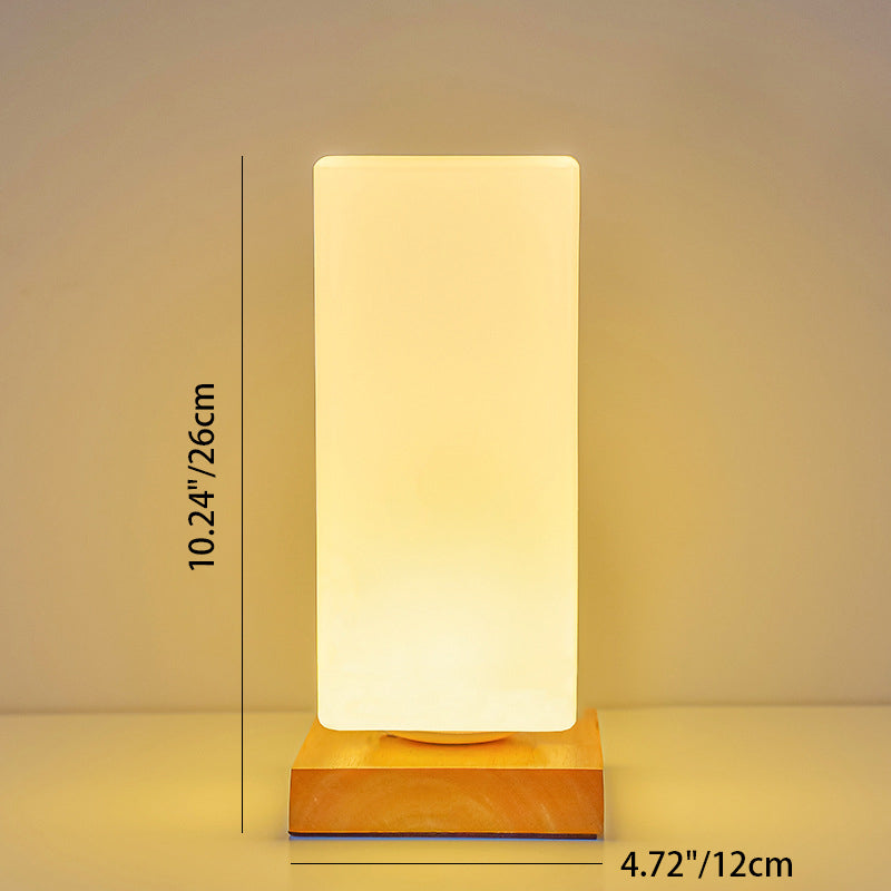 Contemporary Scandinavian Rectangular Cylinder Hollow Wood Glass LED Table Lamp For Bedroom Lumendat
