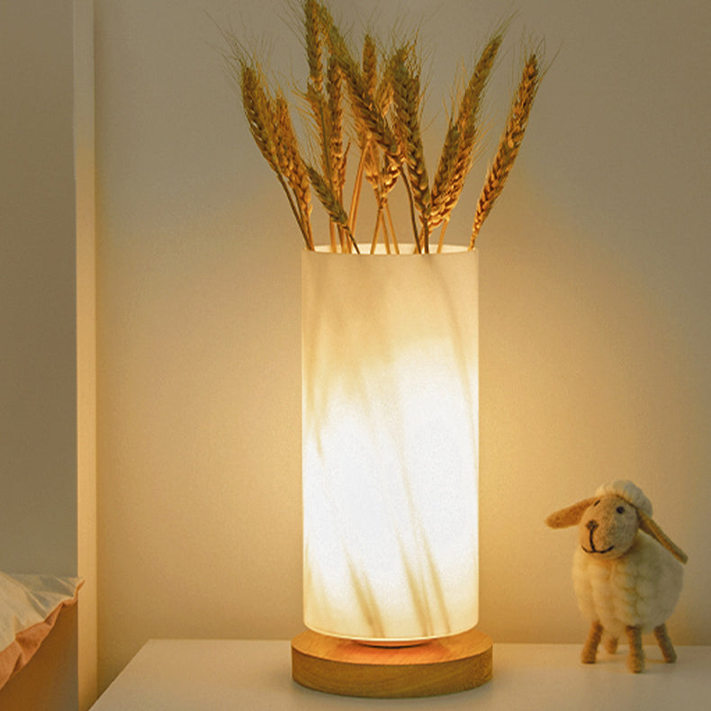 Contemporary Scandinavian Rectangular Cylinder Hollow Wood Glass LED Table Lamp For Bedroom Lumendat