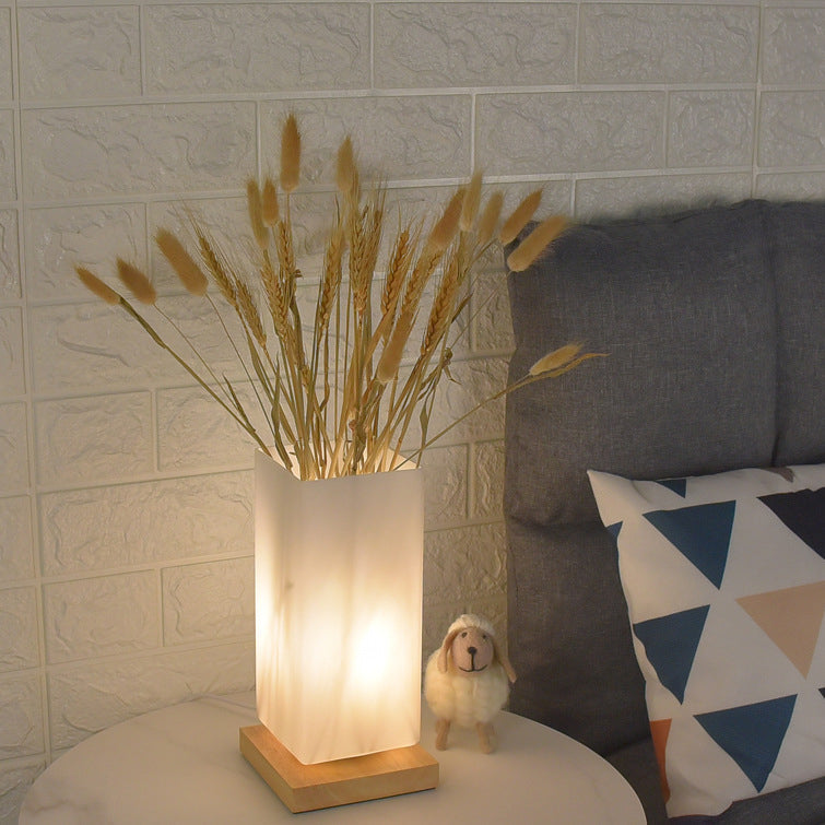 Contemporary Scandinavian Rectangular Cylinder Hollow Wood Glass LED Table Lamp For Bedroom Lumendat