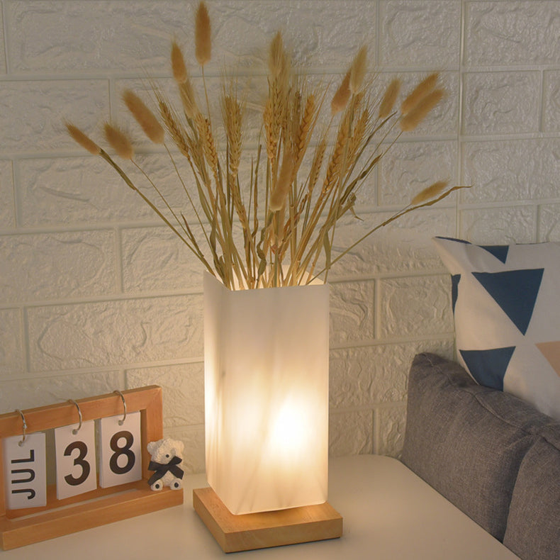 Contemporary Scandinavian Rectangular Cylinder Hollow Wood Glass LED Table Lamp For Bedroom Lumendat