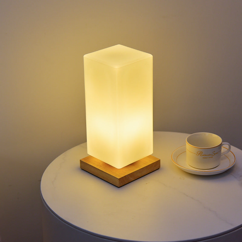 Contemporary Scandinavian Rectangular Cylinder Hollow Wood Glass LED Table Lamp For Bedroom Lumendat