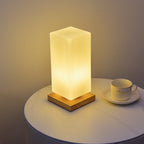 Contemporary Scandinavian Rectangular Cylinder Hollow Wood Glass LED Table Lamp For Bedroom Lumendat