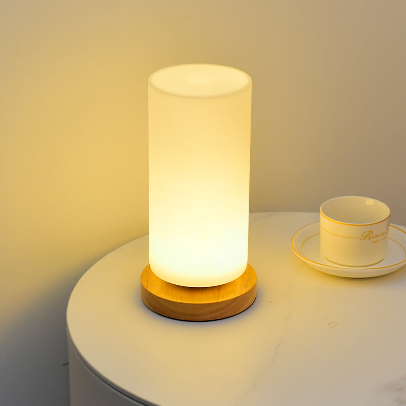 Contemporary Scandinavian Rectangular Cylinder Hollow Wood Glass LED Table Lamp For Bedroom Lumendat