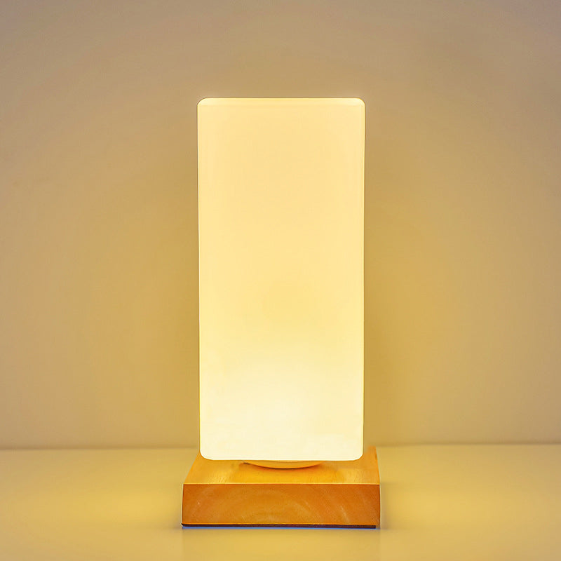 Contemporary Scandinavian Rectangular Cylinder Hollow Wood Glass LED Table Lamp For Bedroom Lumendat
