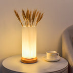 Contemporary Scandinavian Rectangular Cylinder Hollow Wood Glass LED Table Lamp For Bedroom Lumendat