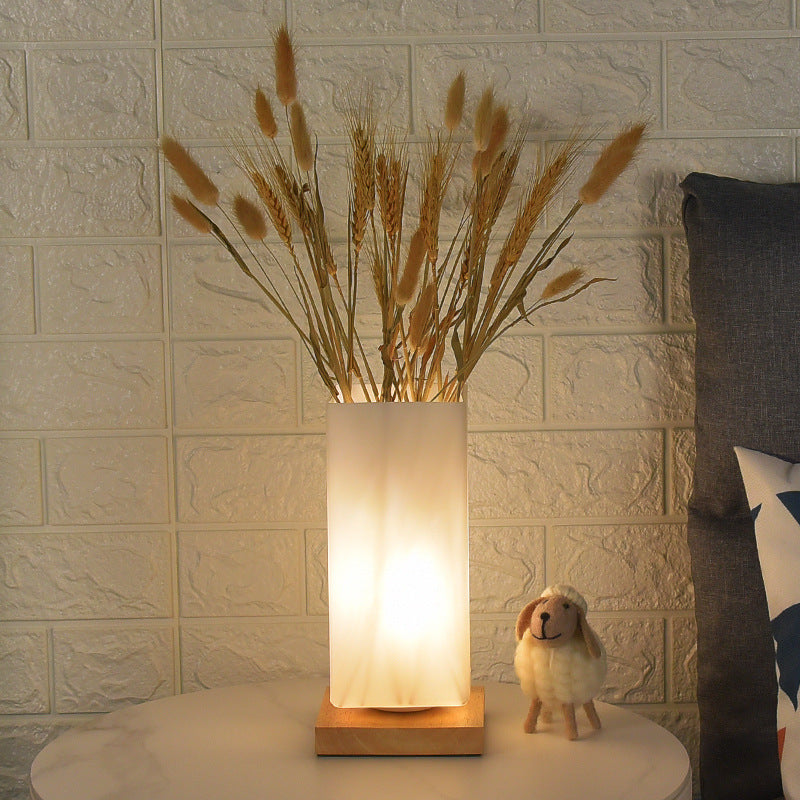 Contemporary Scandinavian Rectangular Cylinder Hollow Wood Glass LED Table Lamp For Bedroom Lumendat