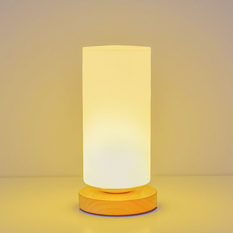 Contemporary Scandinavian Rectangular Cylinder Hollow Wood Glass LED Table Lamp For Bedroom Lumendat
