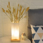 Contemporary Scandinavian Rectangular Cylinder Hollow Wood Glass LED Table Lamp For Bedroom Lumendat