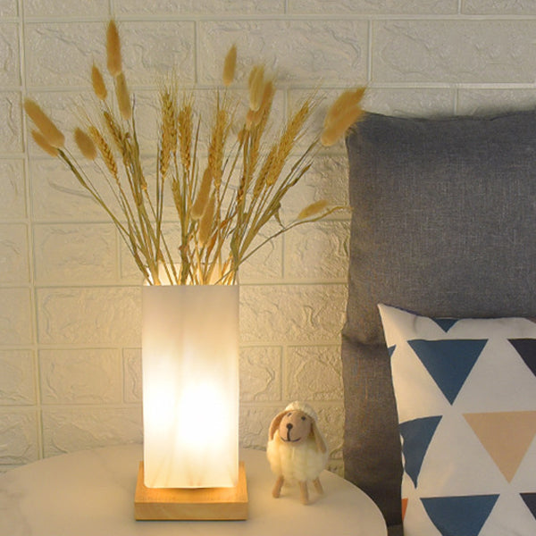 Contemporary Scandinavian Rectangular Cylinder Hollow Wood Glass LED Table Lamp For Bedroom Lumendat