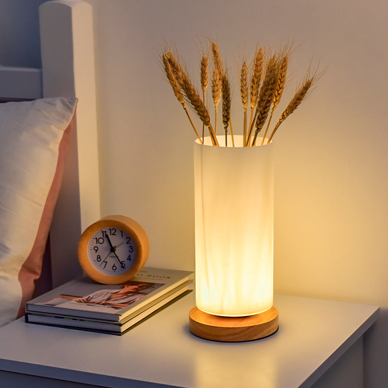 Contemporary Scandinavian Rectangular Cylinder Hollow Wood Glass LED Table Lamp For Bedroom Lumendat