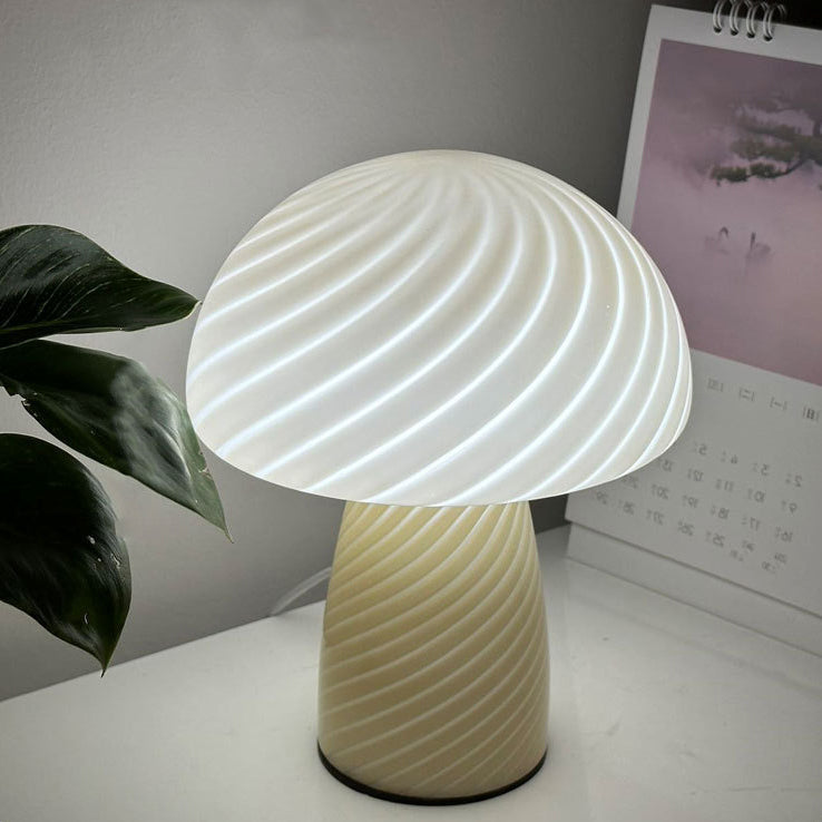 Contemporary Scandinavian Cylinder Half Round Mushroom Spiral Textured Glass 1-Light Table Lamp For Bedroom Lumendat