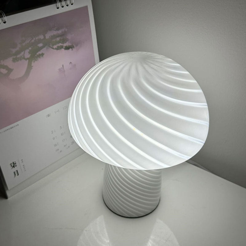 Contemporary Scandinavian Cylinder Half Round Mushroom Spiral Textured Glass 1-Light Table Lamp For Bedroom Lumendat
