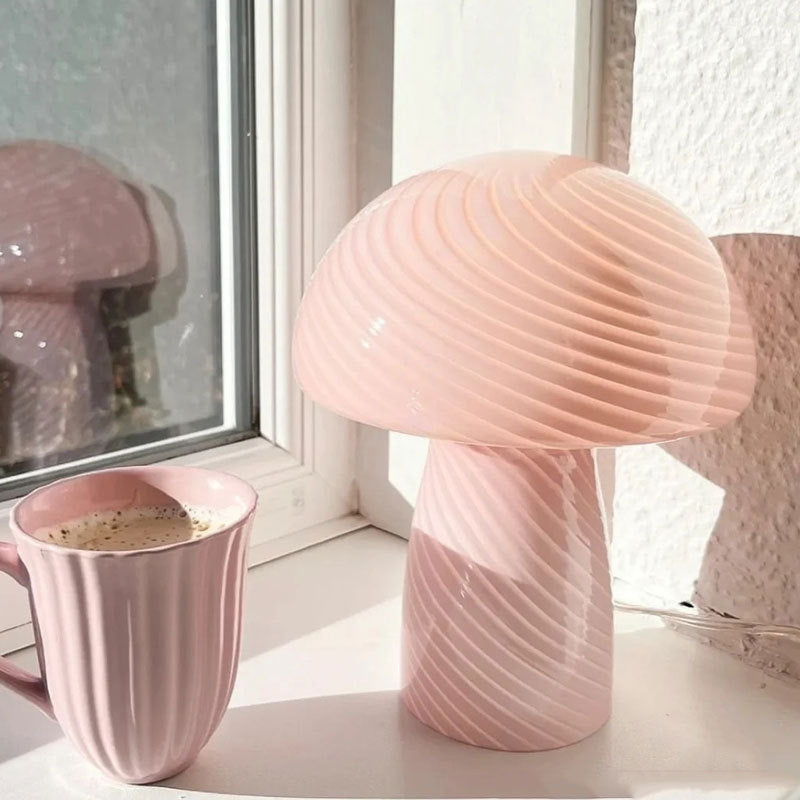 Contemporary Scandinavian Cylinder Half Round Mushroom Spiral Textured Glass 1-Light Table Lamp For Bedroom Lumendat