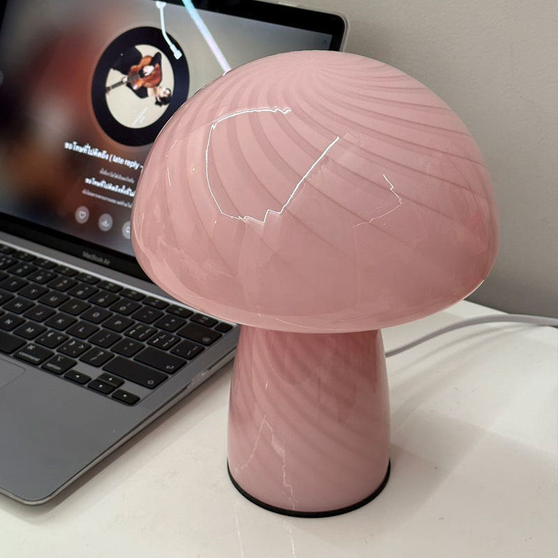 Contemporary Scandinavian Cylinder Half Round Mushroom Spiral Textured Glass 1-Light Table Lamp For Bedroom Lumendat