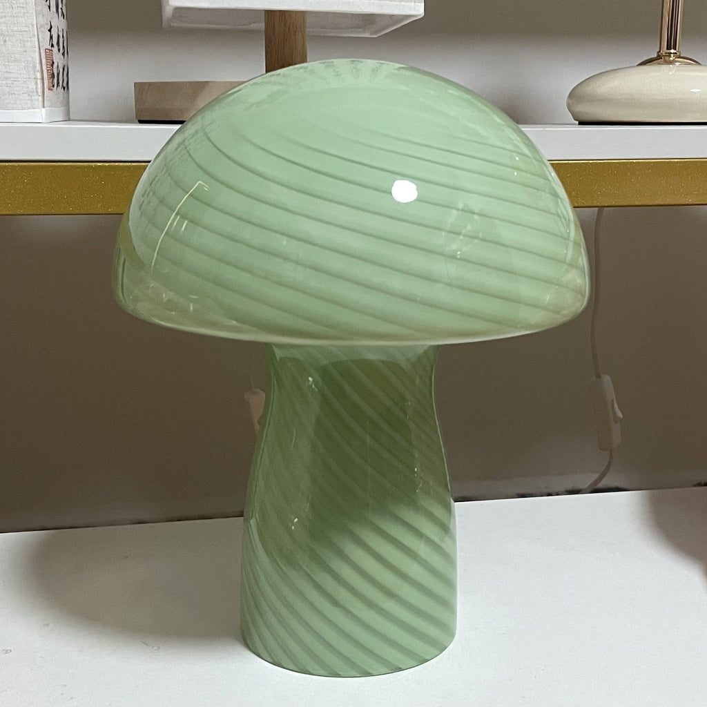 Contemporary Scandinavian Cylinder Half Round Mushroom Spiral Textured Glass 1-Light Table Lamp For Bedroom Lumendat