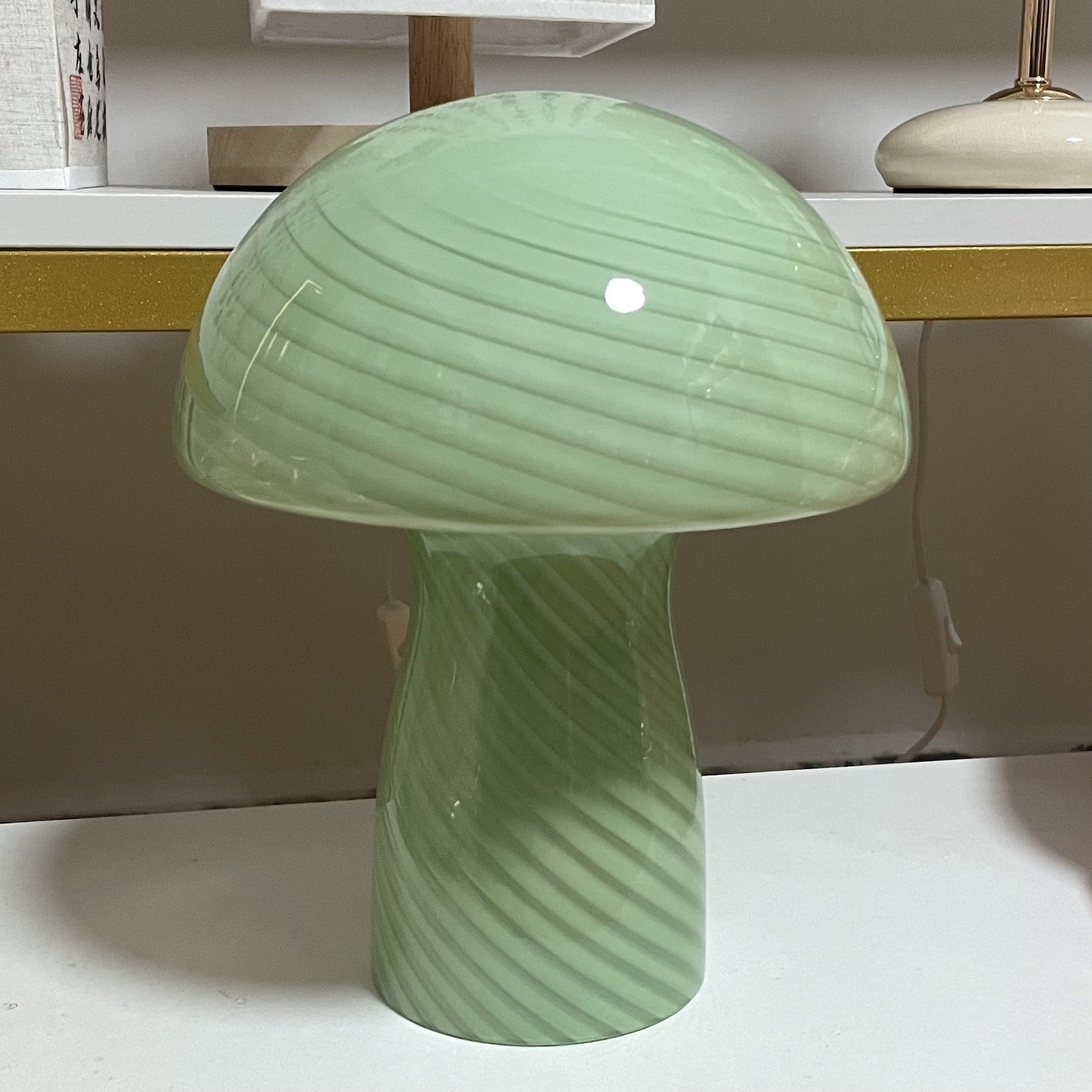 Contemporary Scandinavian Cylinder Half Round Mushroom Spiral Textured Glass 1-Light Table Lamp For Bedroom Lumendat