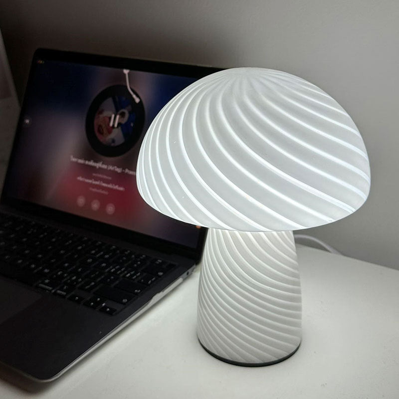 Contemporary Scandinavian Cylinder Half Round Mushroom Spiral Textured Glass 1-Light Table Lamp For Bedroom Lumendat