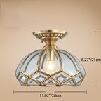 Traditional European Half Round Rhombus Disc Base Copper Glass 1-Light Semi-Flush Mount Ceiling Light For Living Room