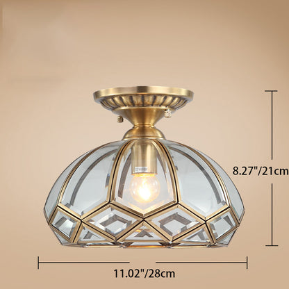 Traditional European Half Round Rhombus Disc Base Copper Glass 1-Light Semi-Flush Mount Ceiling Light For Living Room