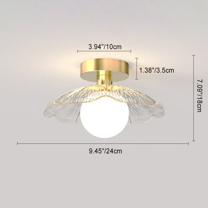 Contemporary Scandinavian Lotus Leaf Semi-Circular Spherical Striped Disc Base Iron Glass 1-Light Semi-Flush Mount Ceiling Light For Living Room