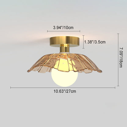 Contemporary Scandinavian Lotus Leaf Semi-Circular Spherical Striped Disc Base Iron Glass 1-Light Semi-Flush Mount Ceiling Light For Living Room