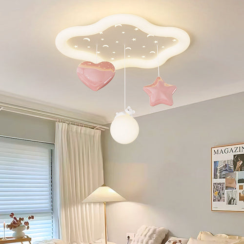 Contemporary Creative Kids Warm Clouds Heart Stars Iron PE LED Flush Mount Ceiling Light For Bedroom