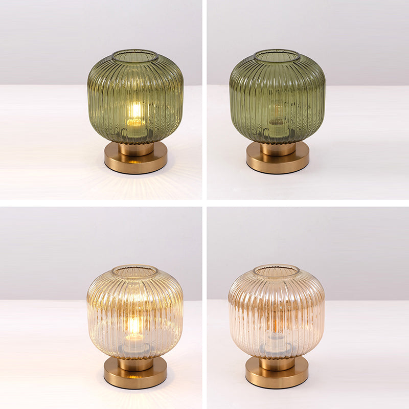 Contemporary Scandinavian Round Cylinder Striped Iron Glass 1-Light Table Lamp For Bedroom Lumendat