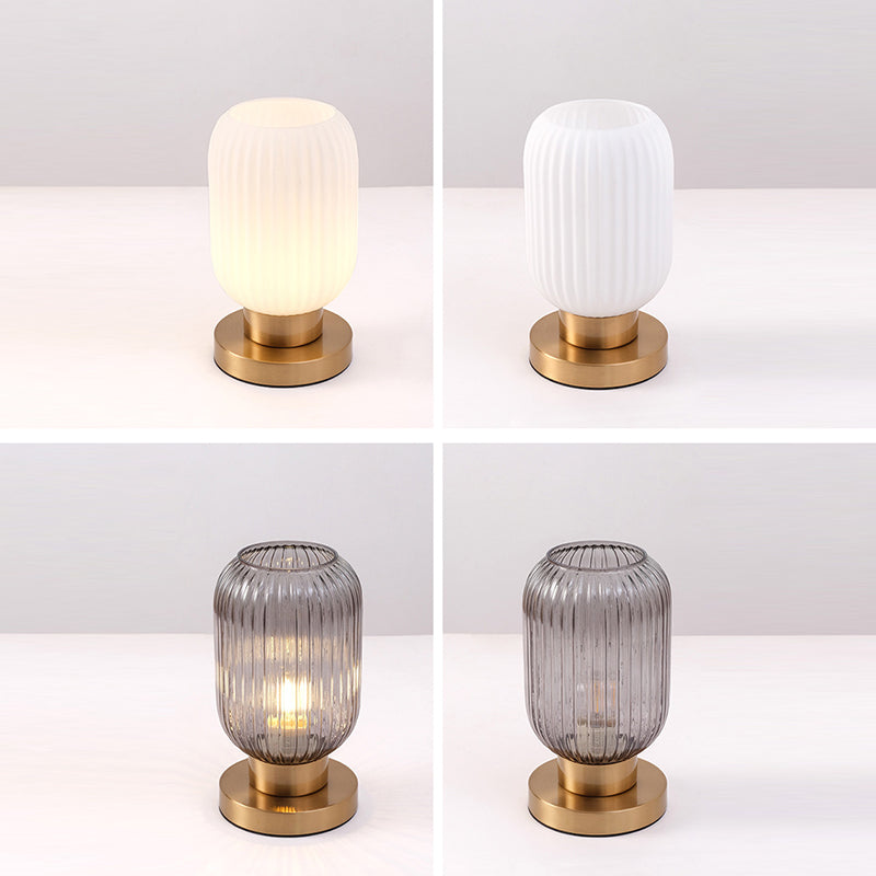 Contemporary Scandinavian Round Cylinder Striped Iron Glass 1-Light Table Lamp For Bedroom Lumendat