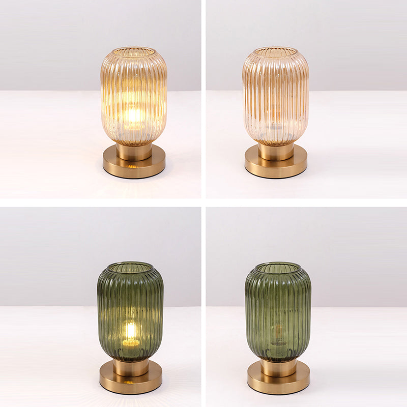 Contemporary Scandinavian Round Cylinder Striped Iron Glass 1-Light Table Lamp For Bedroom Lumendat